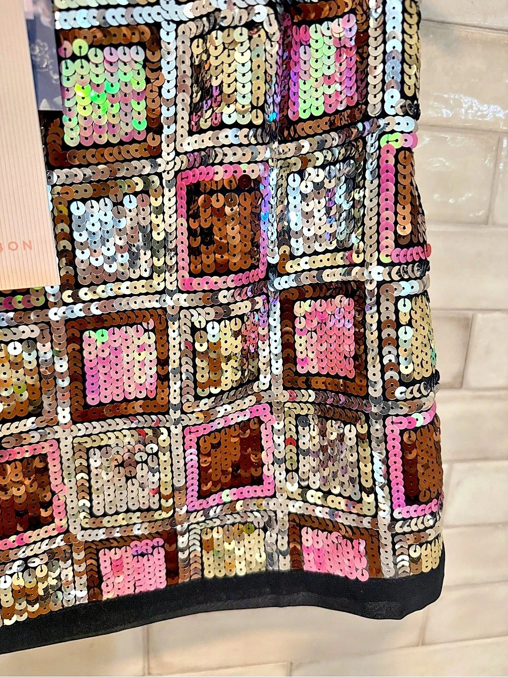 NWT CIEBON Sequin Mini Skirt Silver Pink bronze geometric lined Anthropologie M - Picture 8 of 15